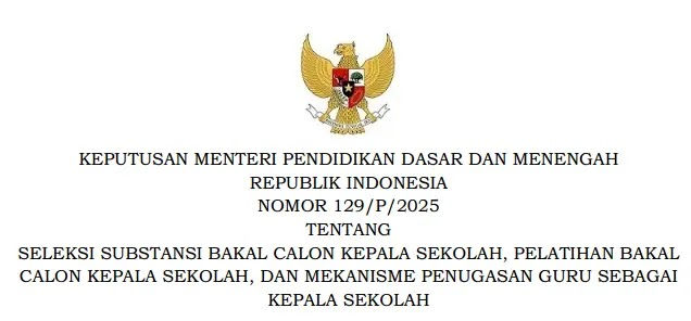 Kepmendikdasmen Nomor 129/P/2025 Tentang Seleksi Substansi Bakal Calon Kepala Sekolah, Pelatihan Bakal Calon Kepala Sekolah, Dan Mekanisme Penugasan Guru Sebagai Kepala Sekolah