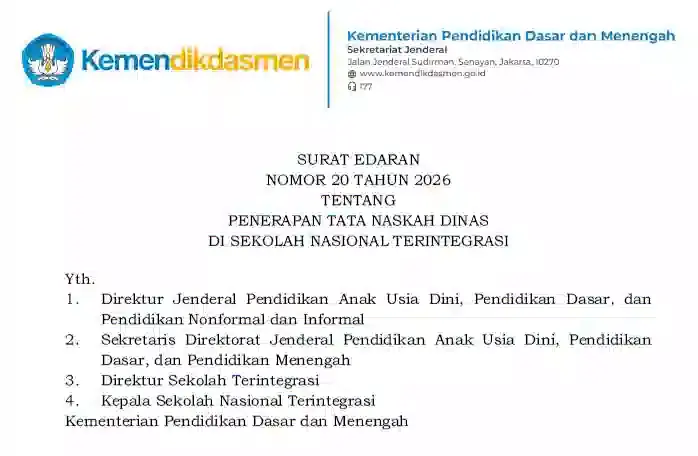 SE Sesjen Kemendikdasmen Nomor 20 Tahun 2026