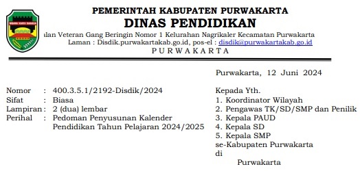 Kalender Pendidikan TK SD SMP Kabupaten Purwakarta Tahun Pelajaran 2024/2025
