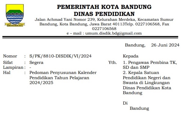 Kalender Pendidikan Kota Bandung Tahun Pelajaran 2024/2025