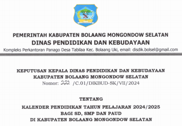 Kalender Pendidikan Kabupaten Bolaang Mongondow Selatan Tahun Pelajaran 2024/2025
