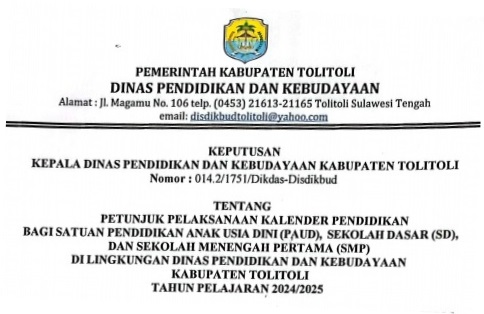 Kalender Pendidikan TK PAUD SD SMP Kabupaten Tolitoli Tahun Pelajaran 2024/2025