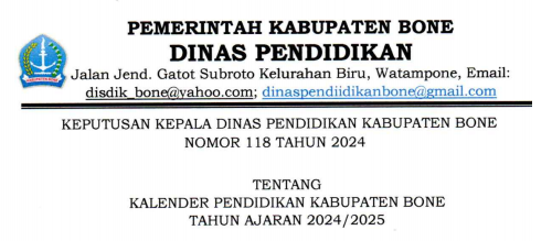 Kalender Pendidikan Kabupaten Bone Tahun Ajaran 2024/2025