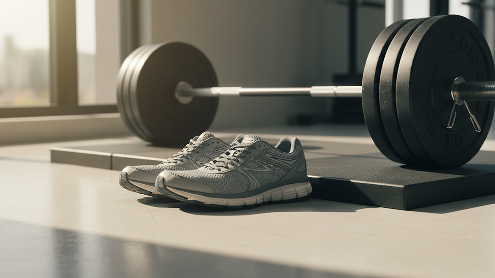 Close-up view of running shoes and a barbell on gym flooring.
