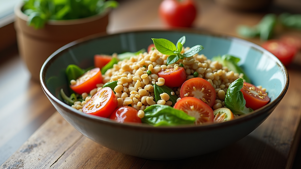 Close-up view of a healthy lunch bowl with colorful vegetables and grains