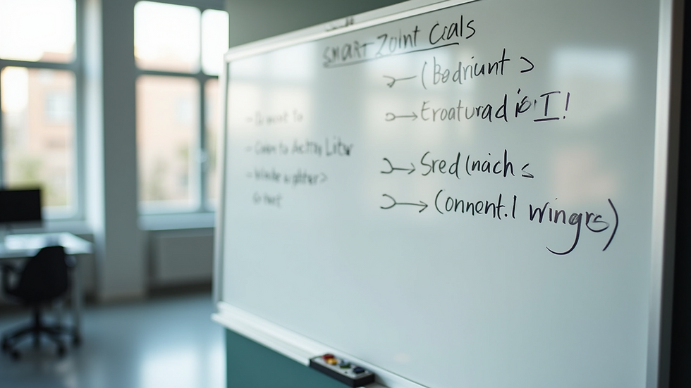 High angle view of a whiteboard with SMART goals and action plans written