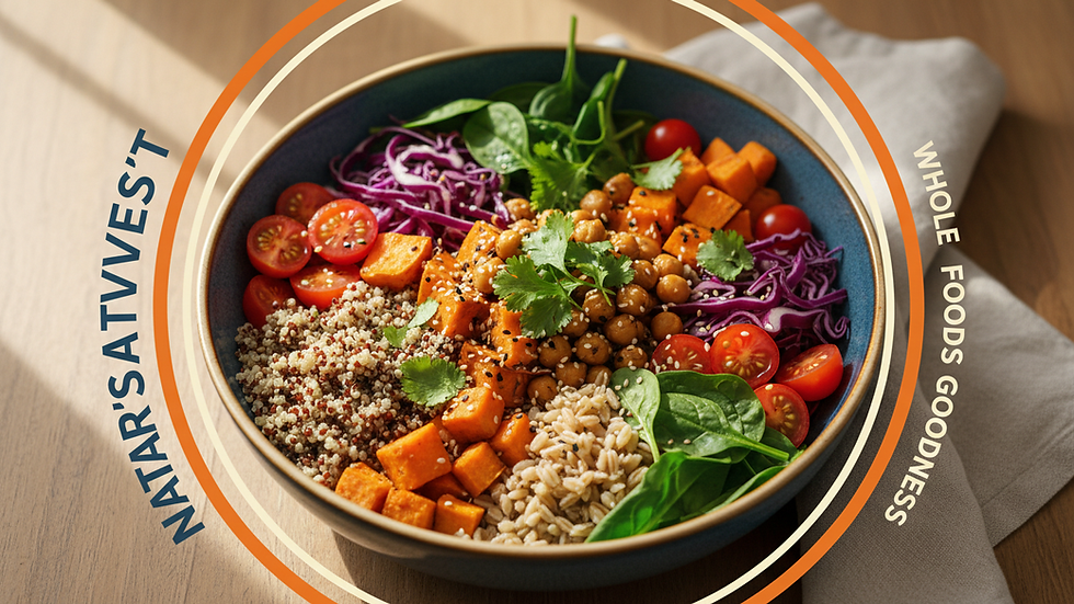 Eye-level view of a colorful bowl of fresh vegetables and grains