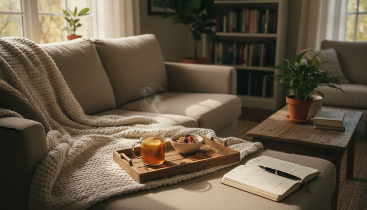 Wide-angle view of a calm living room with a blanket, journal, warm drink, and simple snack on a tray
