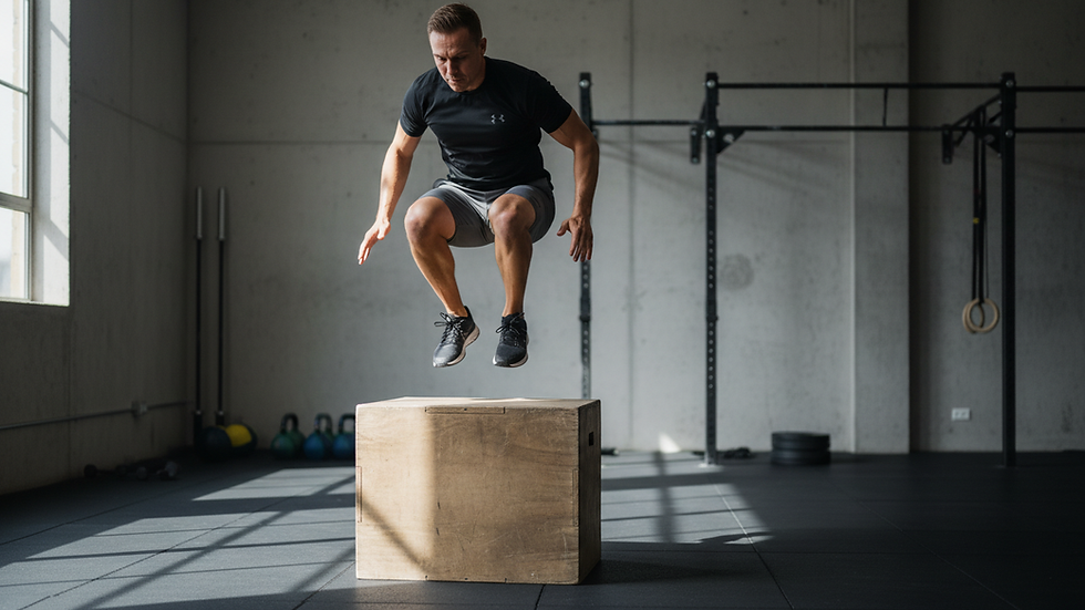 Eye-level view of an athlete jumping onto a plyometric box in a gym.
