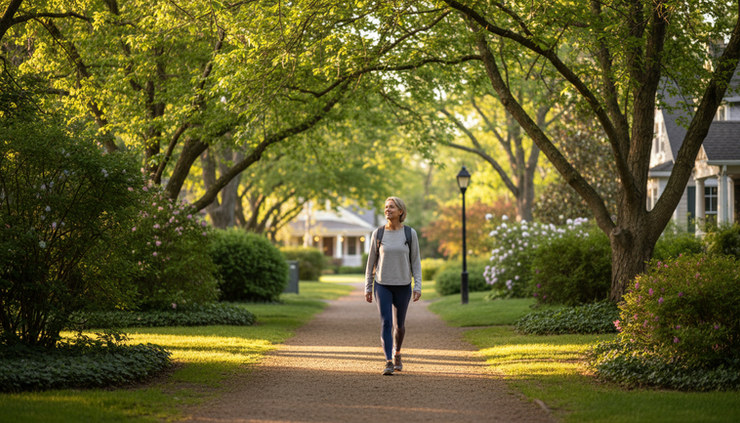 Wide-angle view of a person walking on a quiet neighborhood path