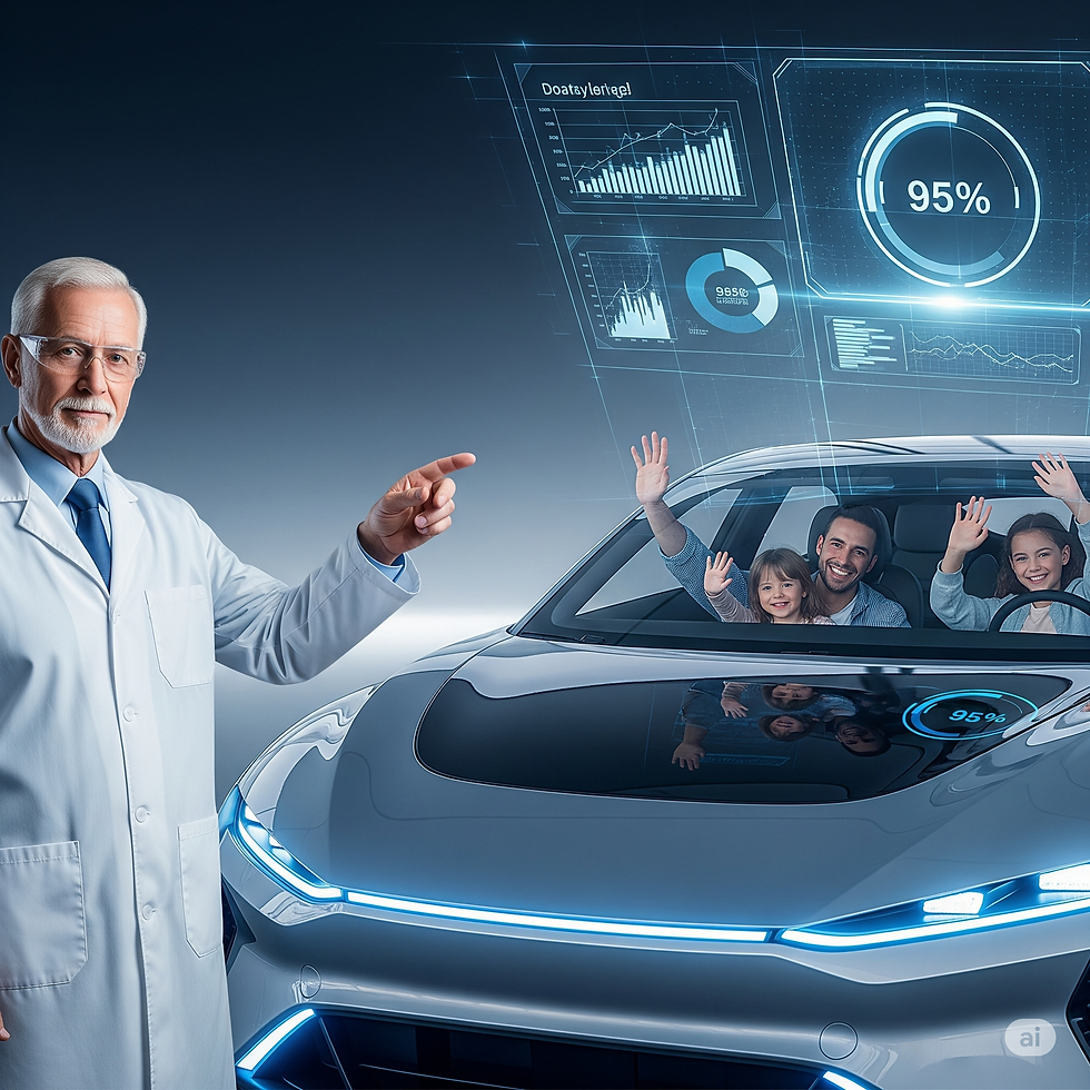 A scientists endorsing a car with a family driving it