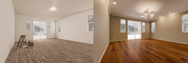 Before and after images of an extra bedroom showcasing newly installed hardwood floors.