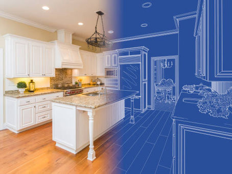 A blue and white kitchen drawing paired with a blue line drawing, depicting the differences between remodeling and renovating.
