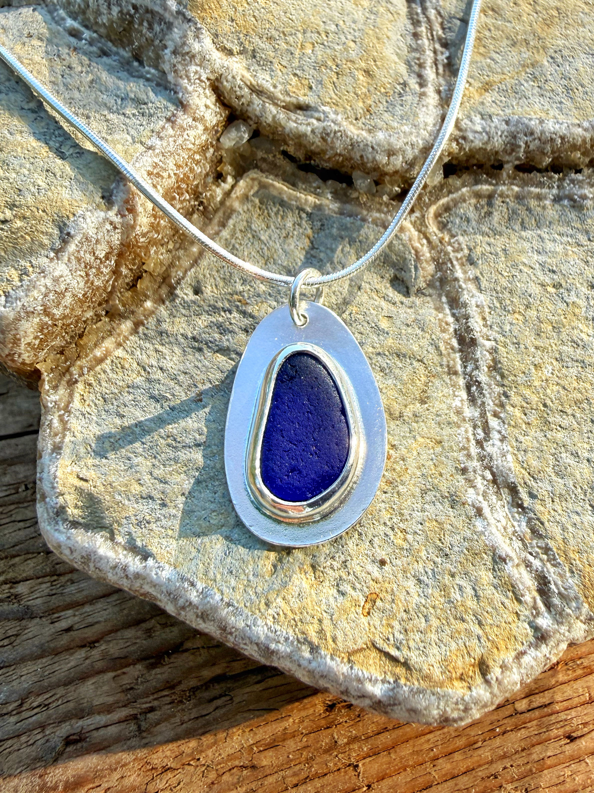 Cobalt Blue and Silver Sea Glass Necklace