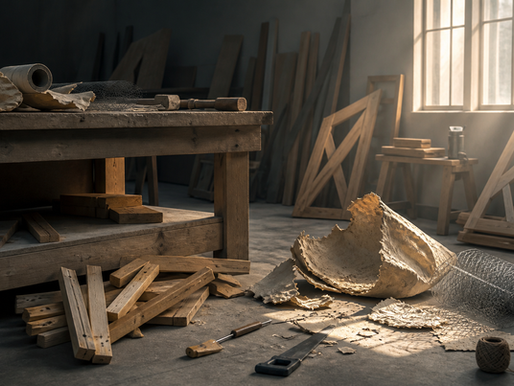 Disassembled wood, chicken wire, and paper from a handmade structure around a workshop bench at dawn