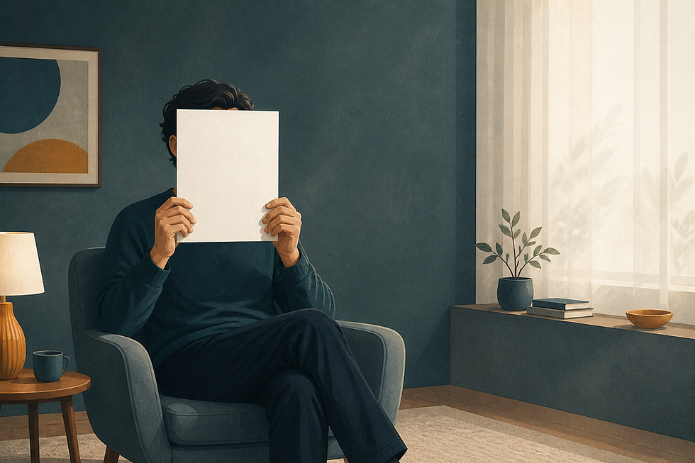 A seated person holds a blank sheet of paper close to their face, blocking most of the room from view.