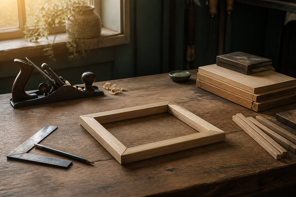 A small unfinished wooden frame and hand tools in warm morning light, ready for careful rebuilding