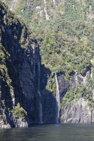 Hoher Wasserfall fällt über eine steile Felswand direkt in den Milford Sound im Fiordland Nationalpark.