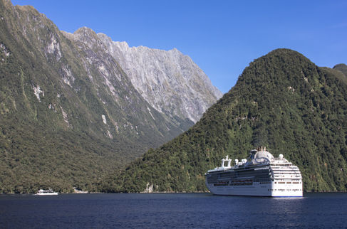 Großes Kreuzfahrtschiff vor den steilen Bergflanken des Milford Sound im Fiordland Nationalpark