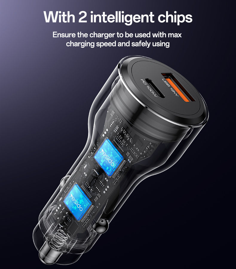 الصورة المصغرة: Y65 PD100W Type-C + QC18W USB Super Fast Car Charger(Black)