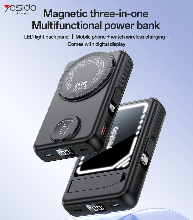 YP79 10000mAh Digital Display Power Bank Built-in Cable Magnetic Wireless Charge