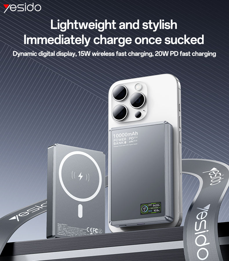 YP91 10000mAh 20W PD Fast Charging Power Bank Magnetic Wireless Charger with Dyn