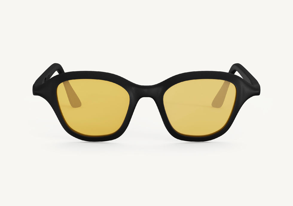Orel sunglasses with a black square frame and yellow lenses, front view on white background