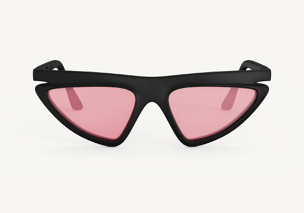 Pixie Cut sunglasses with a black angular frame and pink lenses, front view on a white background.