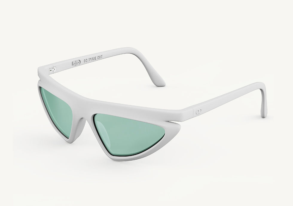 Pixie Cut sunglasses with a white angular frame and aqua green lenses, angled side view showing the temples