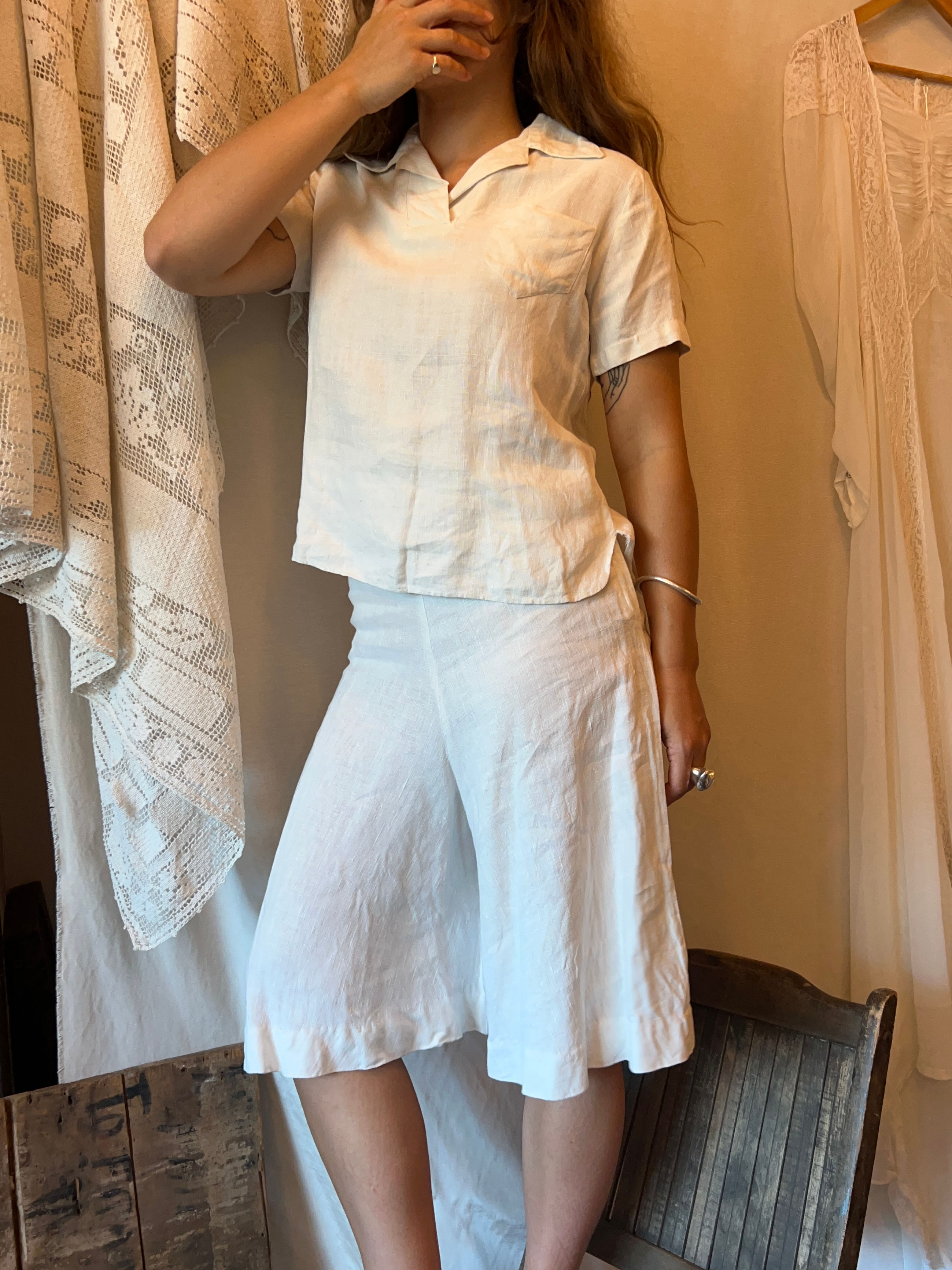 1940s Hand Loomed Linen Playsuit Culotte Set