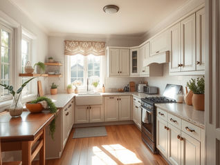 A wide-angle shot of a sunlit, perfectly staged kitchen with a "cleaned" look.