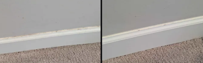 Close-up of a white baseboard against gray wall and beige carpet, showing a before-and-after side-by-side view.