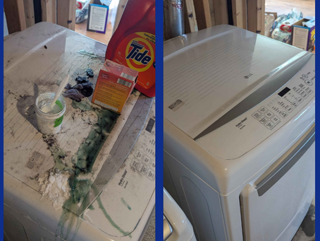 Before and after of a white LG top-load washer: dirty with detergent and stains, then clean in a basement laundry area.