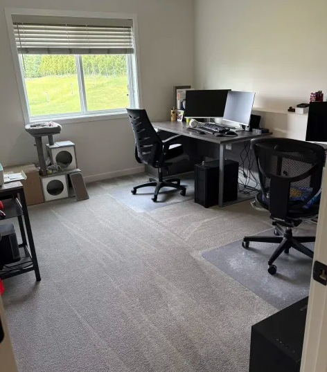 Empty home office with two black chairs, dual monitors on a desk, a cat tree by the window, and green lawn outside.