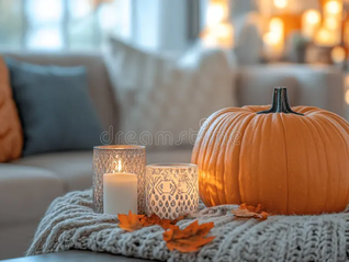 living room with fall decor (pumpkins, plaid throw blanket, candle) with soft sunlight coming through spotless windows