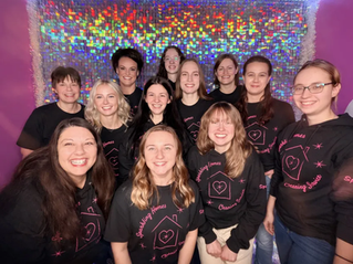 Smiling group of eleven women in black "Sparkling Homes Cleaning Service" hoodies with pink text, standing before a shiny mosaic backdrop.