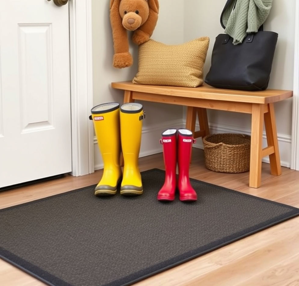 A clean, organized entryway with a pair of colorful rain boots on top of a mud mat and a simple wooden bench.