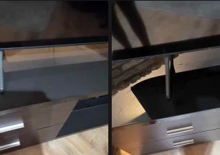 Split image of a dark wood TV stand with open drawer and shelves on a wooden floor, showing metal handles and shadowed interior.