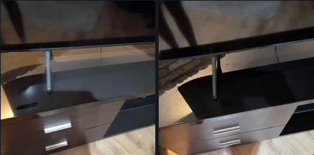 Split image of a dark wood TV stand with open drawer and shelves on a wooden floor, showing metal handles and shadowed interior.