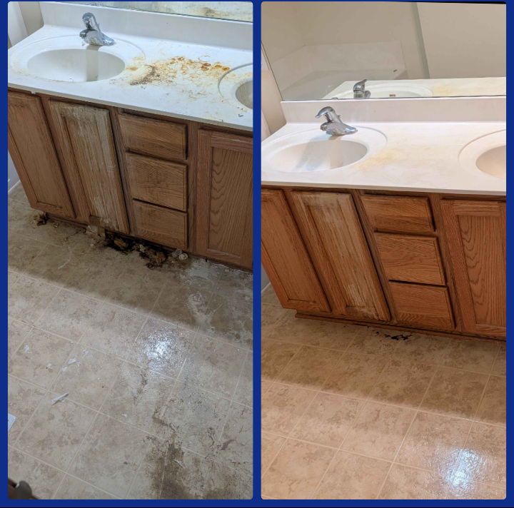 Split bathroom vanity before and after: stained white sink counter, damaged wooden cabinets, wet tiled floor, then cleaner repaired look after a sparkling homes deep clean