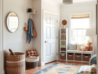 a bright, modern, and beautifully organized family living space or entry area. that includes elements like neat storage baskets, warm natural light with subtle touches that show a family actually lives there (like a nicely arranged toy shelf and cozy reading nook)