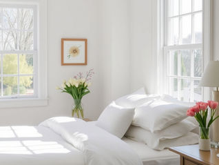 a high-quality shot of a sun-drenched guest bedroom featuring crisp white linens and a vase of fresh tulips on the nightstand.