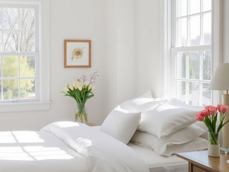 a high-quality shot of a sun-drenched guest bedroom featuring crisp white linens and a vase of fresh tulips on the nightstand.