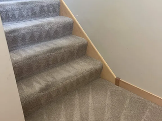 Carpeted indoor staircase with gray steps and beige walls, lit by sunlight, leading up to an empty landing.