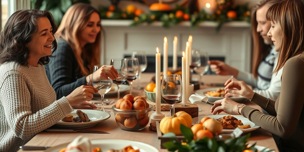 A family sitting at the table for thanksgiving dinner