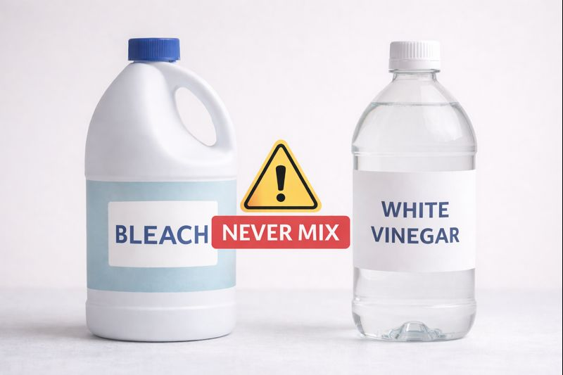 Bleach and vinegar bottles side by side on a light background. A warning sign reads "NEVER MIX" with an exclamation mark triangle.