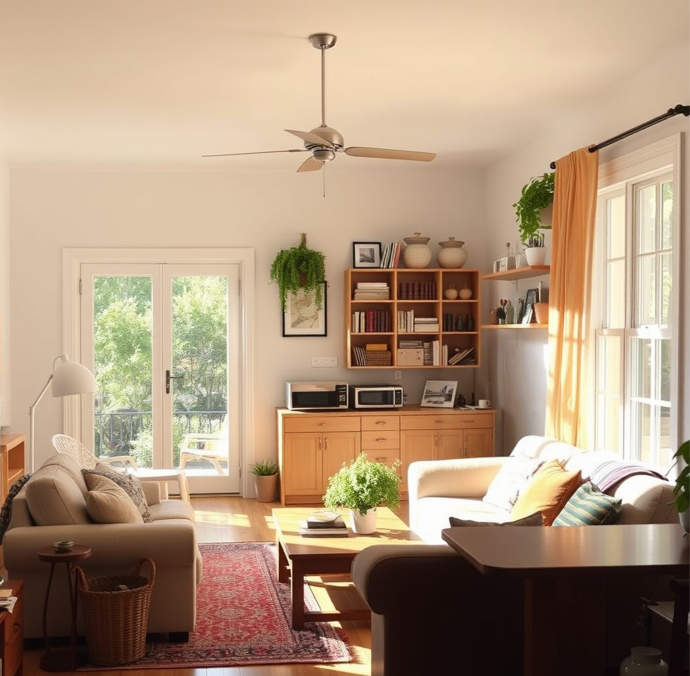 A Sunlit, Clutter-Free Living Room or Kitchen: A warm, inviting shot of a freshly tidied space