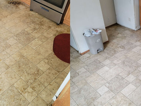 a before and after shot of a dirty grimy floor to a clean floor