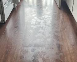 A shot of white, salty footprints on a dark wood floor or entryway tile perfectly highlights the "chemical nightmare" of road salt.
