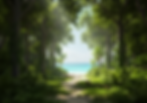 Path through lush forest leading to a serene beach with turquoise water. Tall trees and green foliage frame the scene under a clear sky.